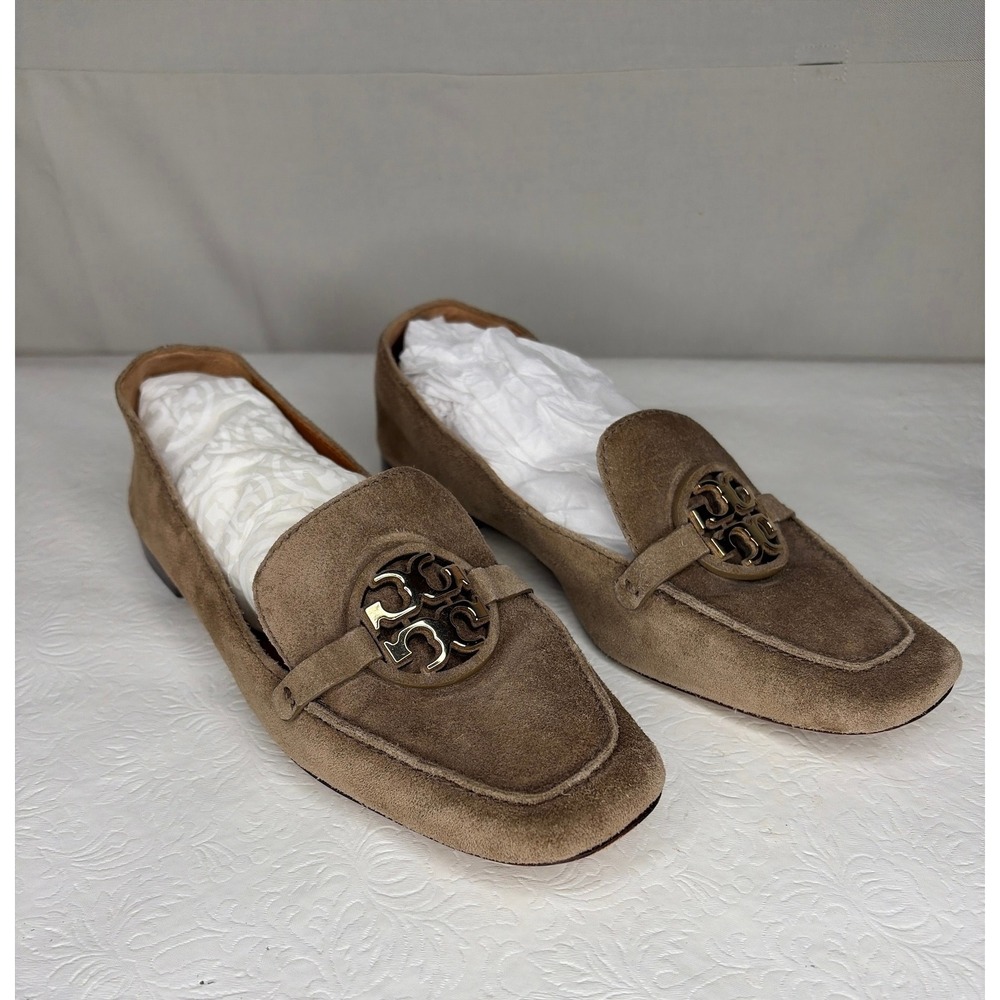 Tory Burch Metal Miller Loafers River‎ Rock/Gold Suede Square Toe Flats 7.5M